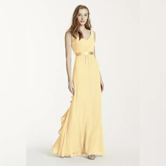 David's Bridal sleeveless chiffon dress with ruffled back detail canary yellow 8 - Picture 1 of 6